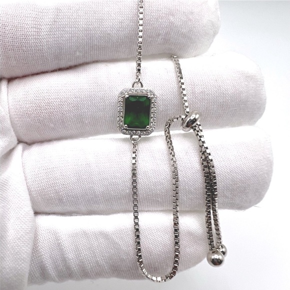 Sale $44 Firm! .925 Sterling Silver Green & Clear Cz Adjustable Bracelet - Picture 1 of 17
